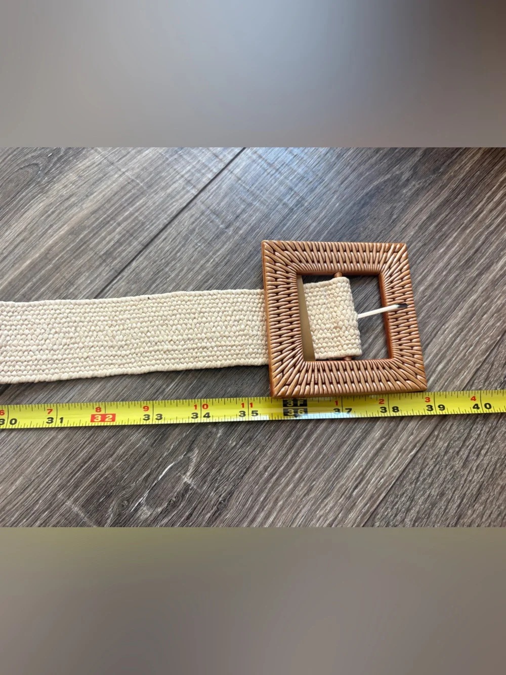 Woven Natural Beige Belt with Rattan Square Buckle NWT